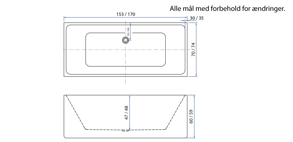 Ydernæs akrylbadekar mat 170 cm - Billede 4